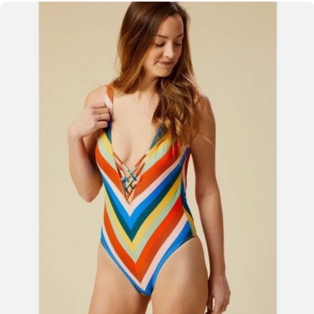 The Bikini Lab Palm Springs Rainbow chevron stripe high thigh one piece swim L